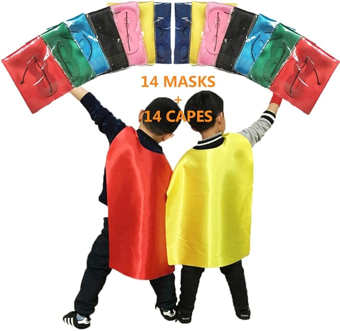 ADJOY Kids Superhero Capes and Masks for Birthday Party - Child Party Capes Bulk Pack of 28 Pcs (14 Sets)