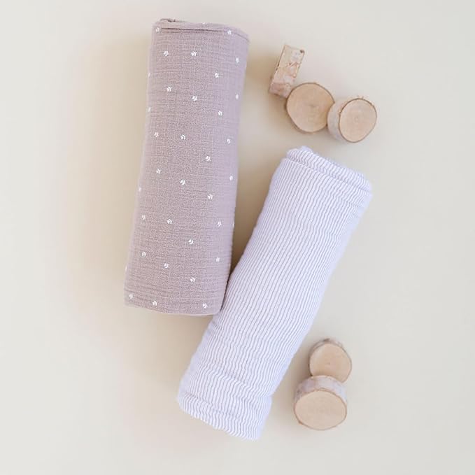 Ely's & Co. Cotton Muslin Swaddle Blanket 2-Pack — 100% Cotton Muslin Extra-Large Swaddle Blankets (47” x 47”) White Tulip on Pink + Stripes