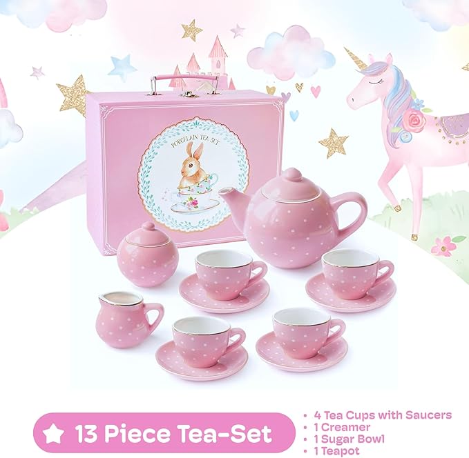 Jewelkeeper Tea Set for Little Girls - 14-Piece Porcelain Tea Party Set for Children Includes Teapot, Cups, Saucers, Creamer, and Sugar Bowl - Pink Polka Dot Design