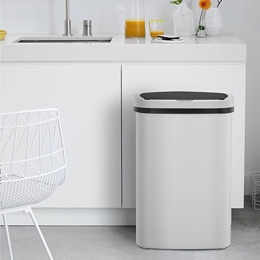 BestOffice | 13 Gallon Plastic Trash Can with Lid | White | Automatic Touchless Garbage Can | Odor Control | Modern Oval Design | Easy to Clean | Fits Any Kitchen, Bathroom, Office or Home