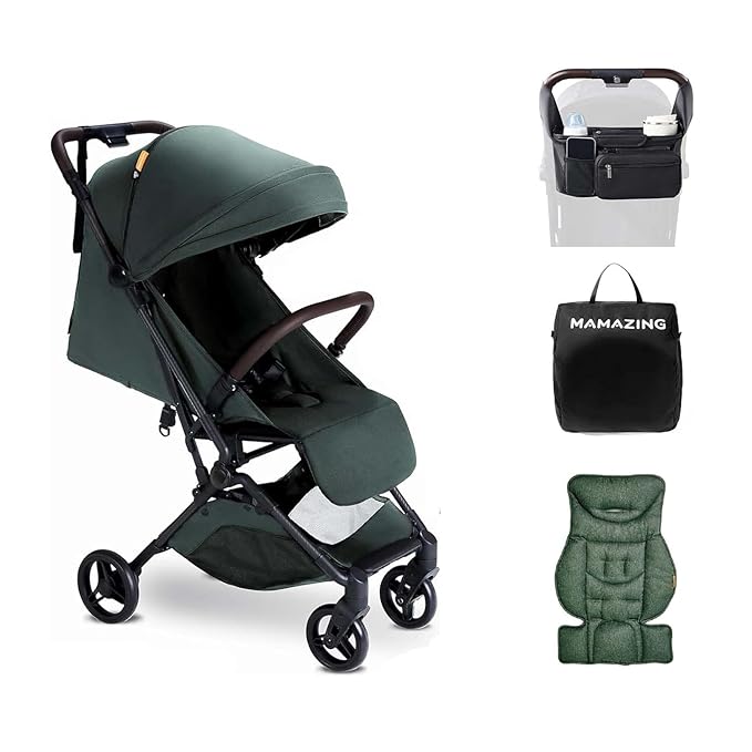MAMAZING Lightweight Baby Travel Stroller with Carbon Fiber Frame, Compact & Airplane-Friendly, One-Handed Folding Design, 11.6 lbs, Perfect for Toddlers, Organizer & Cushion Included, Green