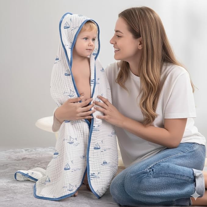 Muslin Hooded Baby Towels for Newborns, 32"x32", 100% Cotton – 6 Layers Super Soft Absorbent Breathable, Baby Bath Towel, Toddler Bath Towel – Pack of 2