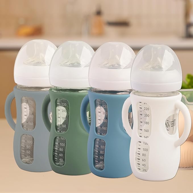 4 Pack Silicone Sleeves for Avent Natural Glass Baby Bottles, Anti Breakage Bottle Holder, Compatible with Philips Avent Glass Natural Baby Bottles (Blue+Gray+Green+White, 8 OZ)