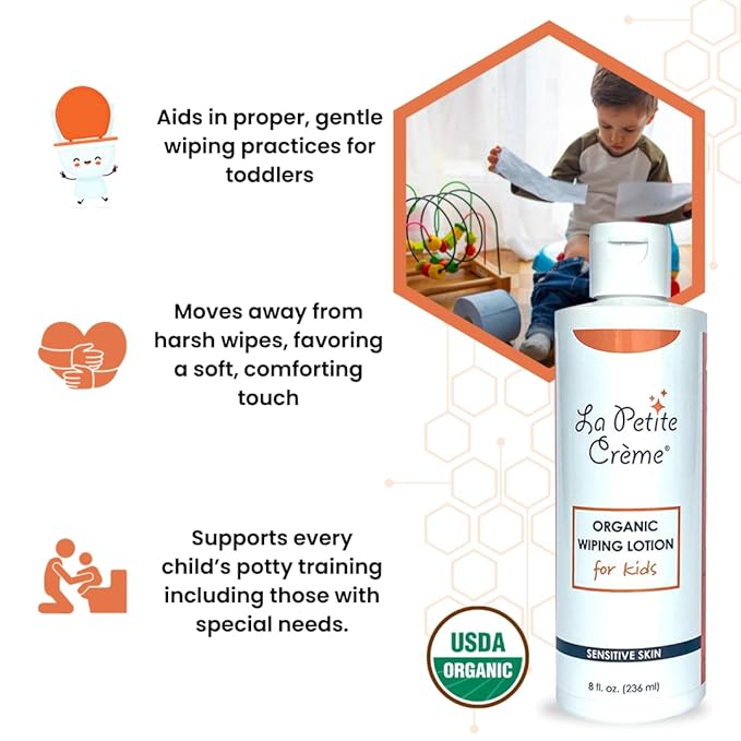 La Petite Creme French Premium Liniment Wiping Lotion for Kids (8 oz) - Potty Training Solution - Skin Cleanser & Moisturizer - Girls and Boys - USDA Certified Organic and EWG Verified