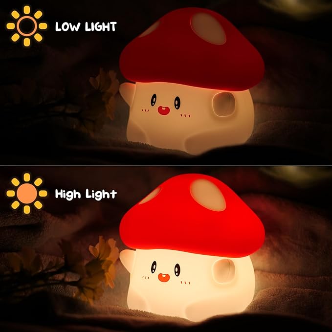 Mushroom Night Light Lamp Silicone Squishy Cute Nursery Nightlight Rechargeable Bedside Lamp with Timer & Tap Control, Christmas Gift