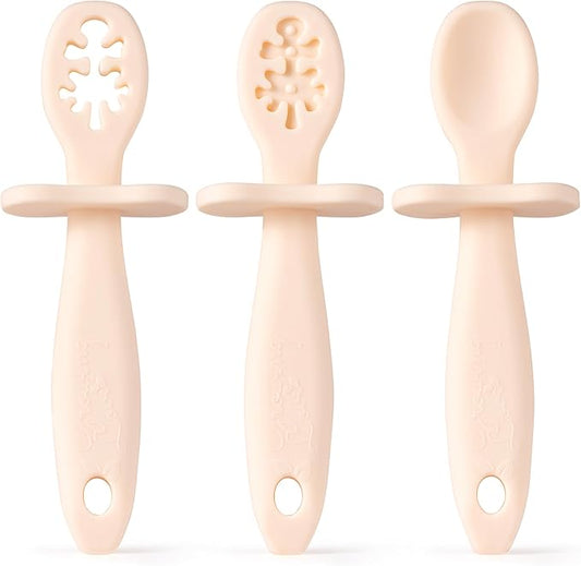 Growing Love Baby Spoons Set, Self Feeding 6 months, Pre-Spoon, Baby utensils, training spoon, cuchara bebe, blw, 100% silicone, Anti choke shield (vanilla)