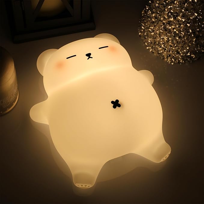 Squishy Night Light for Kids, Bear Silicone Night Light - Rechargeable with Soothing Snore Sounds & Moving Tummy, 3-Level Dimming Touch Control
