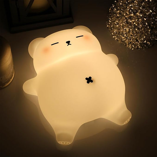 Squishy Night Light for Kids, Bear Silicone Night Light - Rechargeable with Soothing Snore Sounds & Moving Tummy, 3-Level Dimming Touch Control