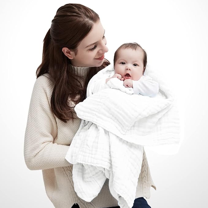 Baby Towels Muslin Bath Towel 3Pack Infant Towels for Newborn Boy Girl 6 Layers Ultra Soft Cotton Toddler Towel for Baby's Delicate Skin 40x 40 Inch (White & Pink)