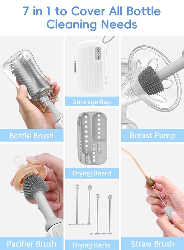 Electric Baby Bottle Brush Cleaner - Baby Bottle Brush Travel Essential, Safe BPA-Free Silicone, One Button 360° Efficient Cleaning, Long-Lasting 2000 mAh Battery, Storage Box for Travel (Grey)