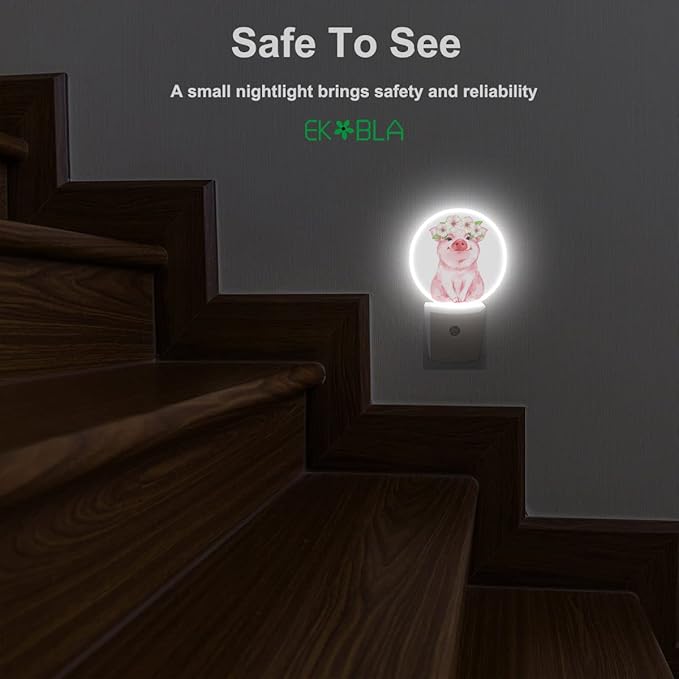 EKOBLA Pig Night Light Floral Wreath Farmhouse Cute Animal Pink Piggy Night Light with Dusk to Dawn Sensor 0.5W LED Lamp Sleep Friendly for Women Girls Birthday Christmas Gift