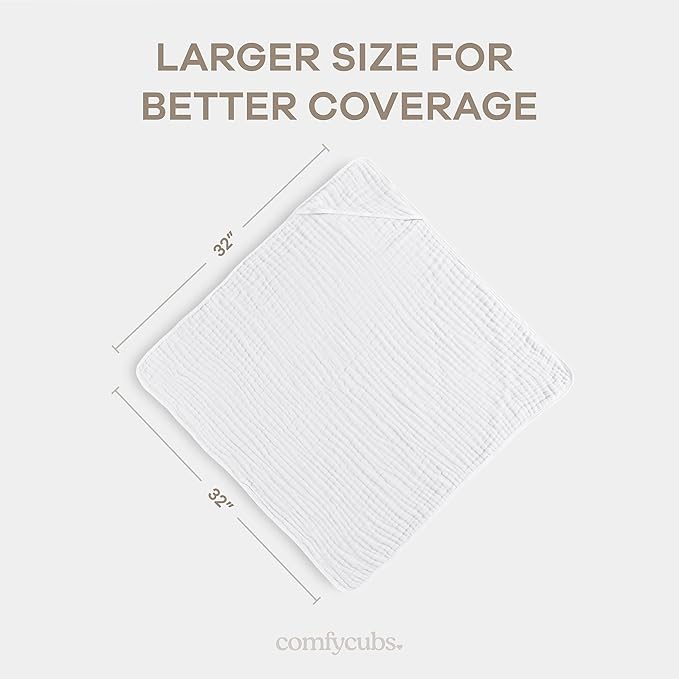 Comfy Cubs Hooded Baby Towel 2-Pack, Large 32 x 32 Inch - 6 Layer 100% Muslin Cotton for Babies, Toddlers and Kids - Soft & Absorbent Baby Bath Towels - Unisex Design for Bath Time - White