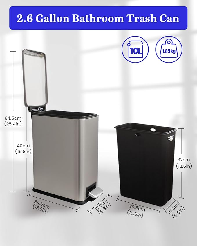 Trash Can, 2.6 Gallon Bathroom Trash Can with Lid, Stainless Steel Garbage Can with Removable Liner, 10 Liter Rectangle Step Trash Bin for Office, Bedroom, Living Room, Dorm, Kohler Grey