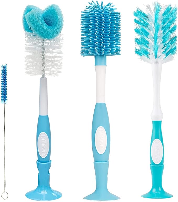 Dr. Brown's Baby Bottle and Nipple Brush Deluxe Cleaner, Soft Touch, and Sponge Brushes, Blue Variety Pack, 3 Count