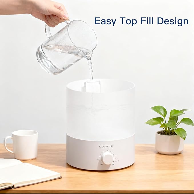 MEGAWISE 1.5L Cool Mist Humidifier for Bedroom, Home, Office, and Plants, Essential Oil Diffuser with Adjustable Mist Output, 25dB Quiet Ultrasonic, Up to 10 Hours, Easy to Clean
