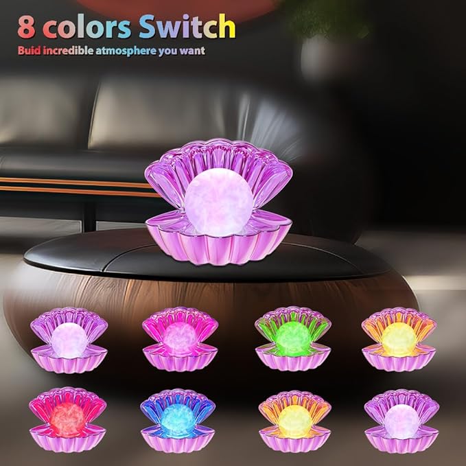Shell Pearl Beach Themed Night Light, RGB 8 Colors Changing Mood Shell Pearl Lamps, Bedside LED Clamshell Portable Night Lights for Bar (Electroplating Purple)