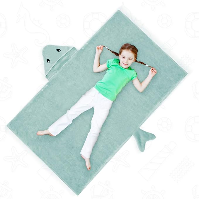 ROMASA Toddler Hooded Bath Towel Ultra Soft Towel Highly Absorbent Bathrobe Blanket for Boys Girls- 27.5" x 55"(Green Shark-Shape)