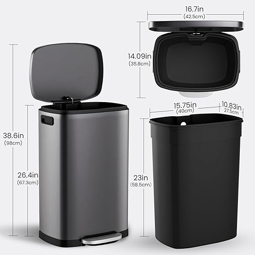 ELPHECO Kitchen Trash Can with Lid Soft Close, 13 Gallon / 50L Stainless Steel Pedal Garbage Can, Heavy-Duty Step Wastebasket with 20 Bags, Removable Bucket, Home Office, Titanium Silver