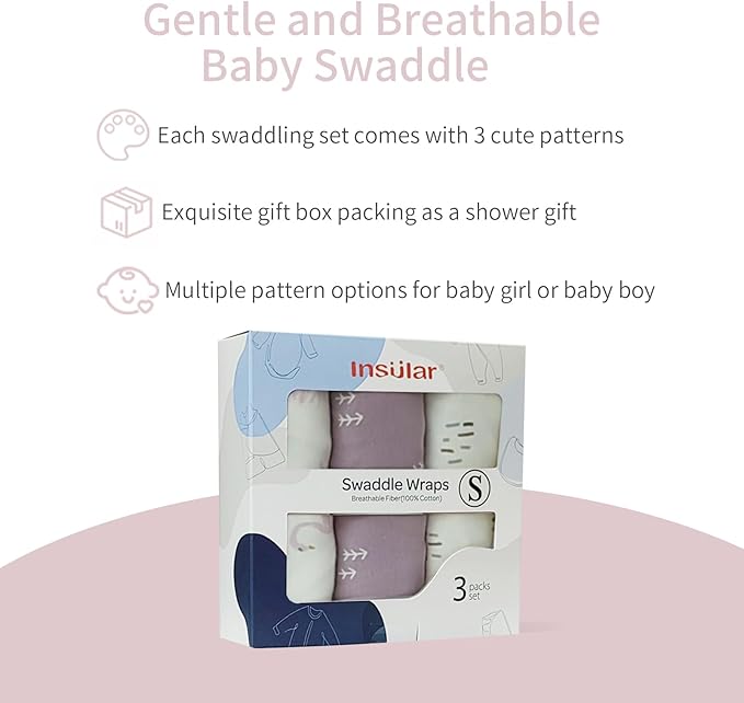 insular Baby Swaddle Wrap, Swaddle Blanket for Newborn and Infant, Adjustable Velcro Swaddling Set for Boy and Girl, Soft Cotton Baby Sleep Sack 3 Pack, Beige Swan, Small(0-3 Month)