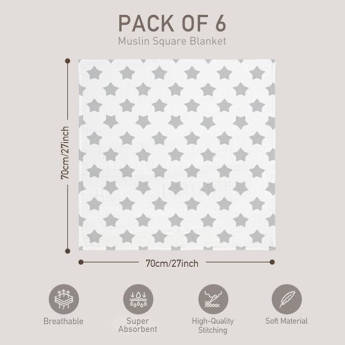 GLLQUEN BABY Receiving Blanket Boy Cotton Muslin Swaddle Blankets Girl Newborn Squares Breathable & Soft Thin Baby Blankets Cloths Double Absorbent Infant Swaddling Wrap - 6 Pack (Star)