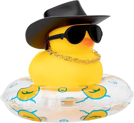 wonuu Car Rubber Duck, Yellow Duck Decoration Dashboard with Sun Hat Swim Ring Necklace Sunglasses for Car Dashboard Decorations, Black Cowboy Hat-Transparent