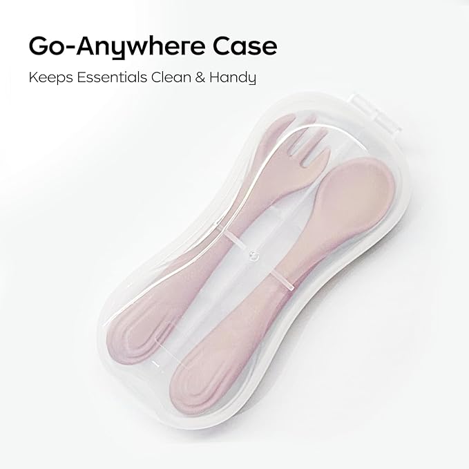 Bc Babycare Portable 4 Pack Baby & Toddler Self Feeding Fork and Spoon Set with Storage Case, BPA-Free Silicone Utensils for Boys and Girls, Safe & Easy to Carry, Blue & Green