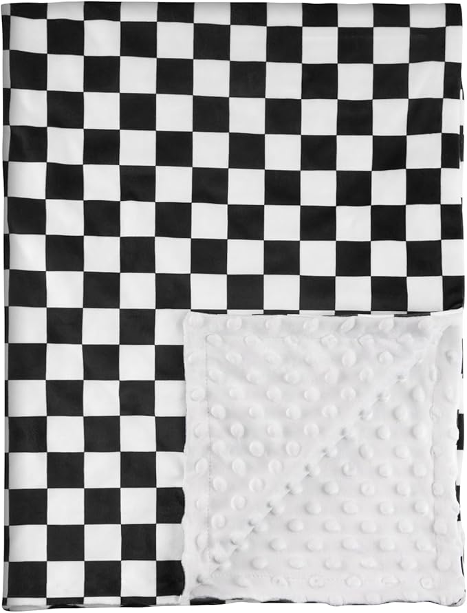 Checkered Baby Blankets for Boys, Comfy Durable Blanket with Double Layer Dotted Backing Checkerboard Grid Chessboard Gingham Bed Blankets for Newborn Infants Black, 30x40 Inches