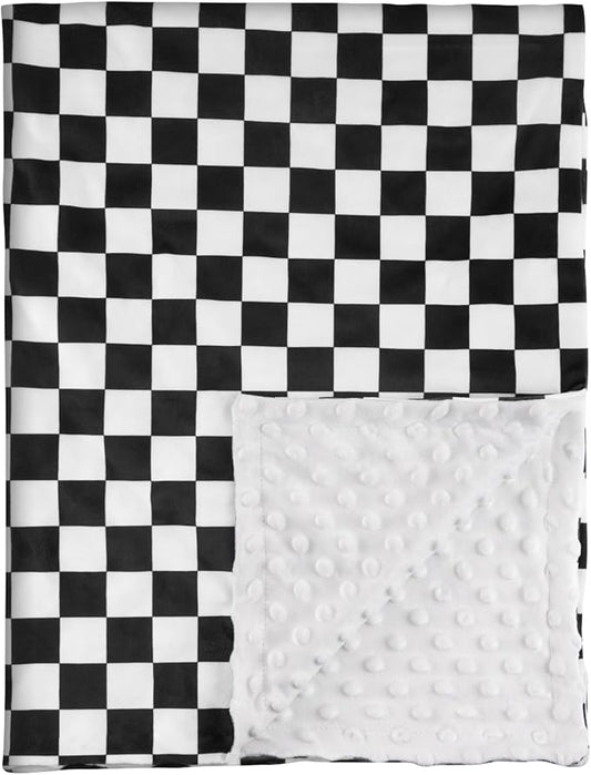 Checkered Baby Blankets for Boys, Comfy Durable Blanket with Double Layer Dotted Backing Checkerboard Grid Chessboard Gingham Bed Blankets for Newborn Infants Black, 30x40 Inches