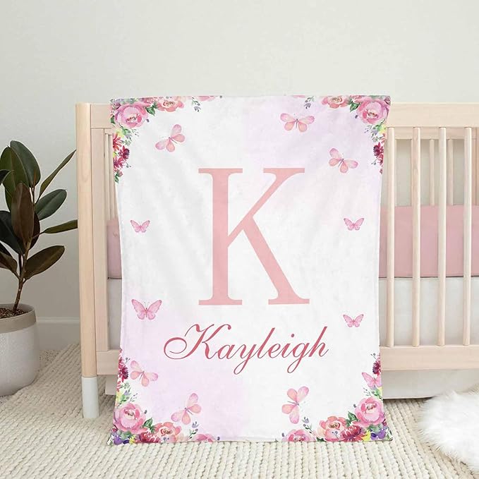 Artsadd Custom Baby Blankets for Girls Boys, Personalized Butterfly Baby Blankets for Kids, Customized Floral Blanket for Newborn Baby, Custom Christmas Birthday Blanket Gift for Daughter Son