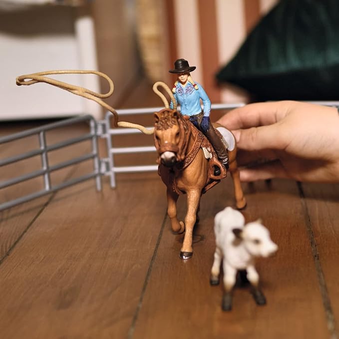 Schleich Farm World Rodeo Roping Playset - Cowgirl Rodeo Rider Figurine with Cow, Pen, and Rope, Realistic Western Rodeo Farm Toys and Accessories, 9-Piece Kids Toy for Boys and Girls