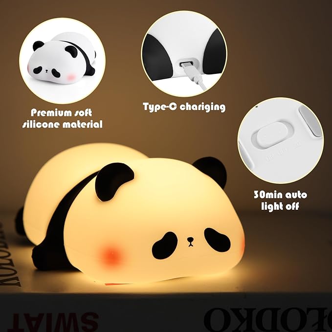 YISUN Cute Panda Night Light, LED Squishy Night Light, Food Grade Silicone, Rechargeable Nursery Nightlight with 3 Level Dimmable Bedside Touch Lamp for Room Decor, Funny Gifts for Boys Girls