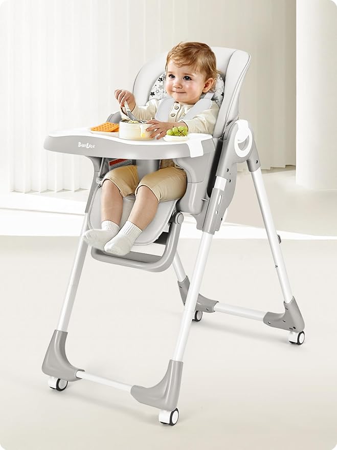 Foldable High Chair with Soft Cushion, High Chairs for Babies and Toddlers, Height Adjustable Feeding Chair, Adjustable Backrest and Footrest, Lockable Wheels, Star Gray