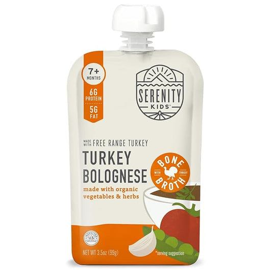 Serenity Kids Bone Broth Puree Made With Organic Veggies | Clean Label Project Purity Award Certified | 3.5 Ounce BPA-Free Pouch | Free Range Turkey Bolognese | 1 Count