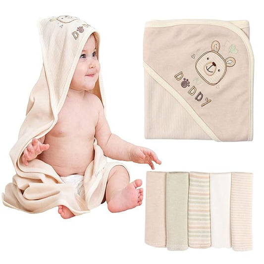 6-Pack Organic Cotton Baby Hooded Towel & Washcloths Set - Ultra Soft, Reusable, Baby Bath Towel for Newborns, Infants & Toddlers, Unisex Gifts, Brown 37.5 x 37.5 Inches