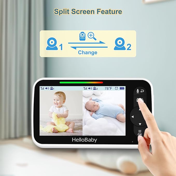 HelloBaby Video Baby Monitor with 2 Cameras and 5 Inch Split Screen Display, Remote Control Cameras with Night Vision and Temprature Monitoring