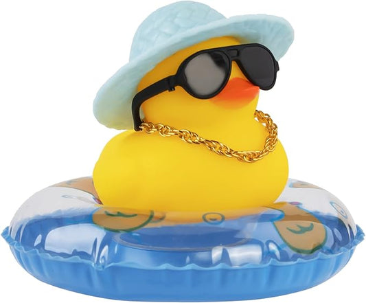 wonuu Car Rubber Duck, Yellow Duck Decoration Dashboard with Sun Hat Swim Ring Necklace Sunglasses for Car Dashboard Decorations