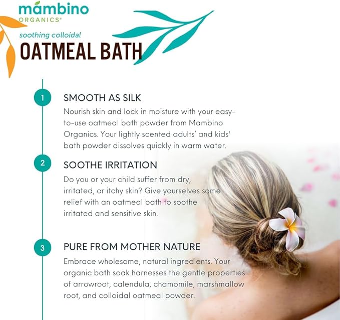 Mambino Organics Calming Skin Set, Oatmeal Bath Soak Powder & Soothing Body Oil, Fragrance-Free with Jojoba & Evening Primrose, Gentle for Babies & Adults, Ultra-Sensitive Skin, Vegan, 11 oz