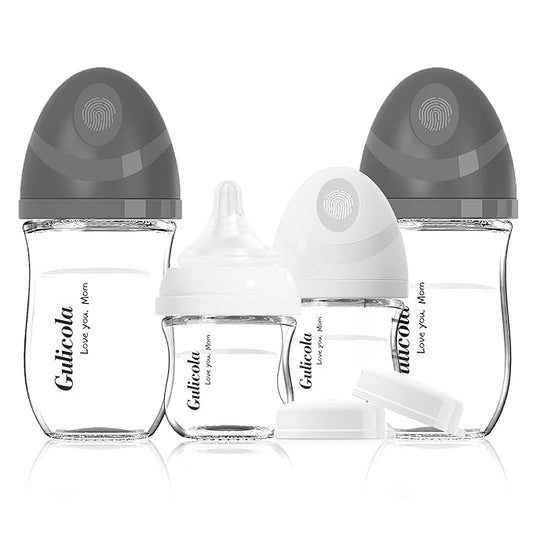 Gulicola Natural Glass Baby Bottles Set 4 Pack, Newborn Boy Breastfeeding Bottles with Slow Flow Nipples, 0 Months+, 3 oz & 5 oz - Black/White