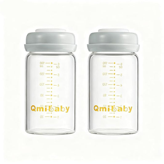 Glass Breastmilk Storage Bottles 180ml 6oz BPA-Free Leak-Proof Natural Baby Bottle for Breastmilk Storage Wide Neck Bottles with Screw Ring Sealing Disk Breastfeeding (Grey, 180ml-2Packs)