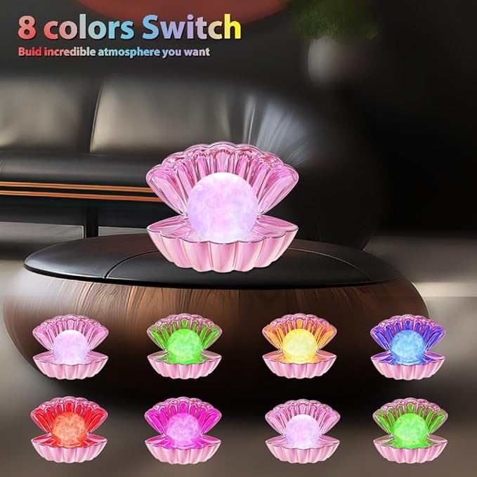 Shell Pearl Beach Themed Night Light, RGB 8 Colors Changing Mood Shell Pearl Lamps, Bedside LED Clamshell Portable Night Lights for Bar (Electroplating Powder)