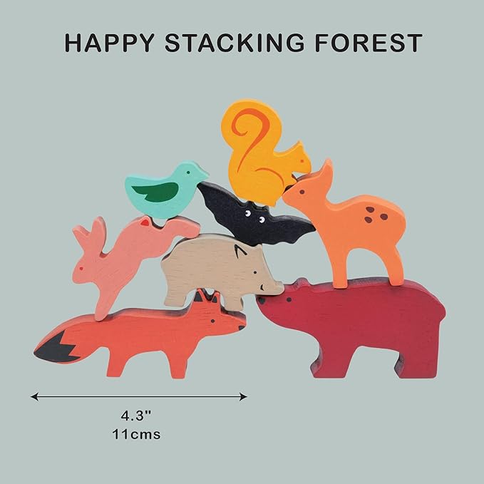 Mentari Toys - Happy Stacking Forest - 8pc Wooden Stacking Toy for Toddlers - Colorful Nature Theme Balancing Activity Toy with Bag - Boost Fine Motor Skills and Dexterity - Educational Toy - Age 18m+