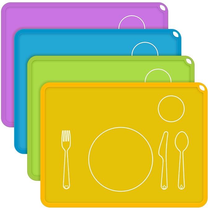 Zhehao 4 Pcs Montessori Kids Placemat 16 x 12'' Non Slip Baby Silicone Placemats for Toddlers Baby Eating Mat Food Mats for Toddler Dining Table Setting Learning Travel Kitchen(Light Colors)