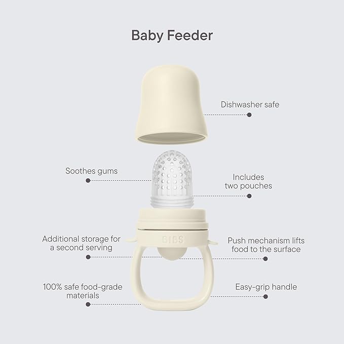 BIBS Baby Feeder with 2 Silicone Nipples, Compatible with Freezer Tray, Easy-Grip, BPA-Free - Ideal for Teething & Self-Feeding, 4+ Months - Fossil Grey