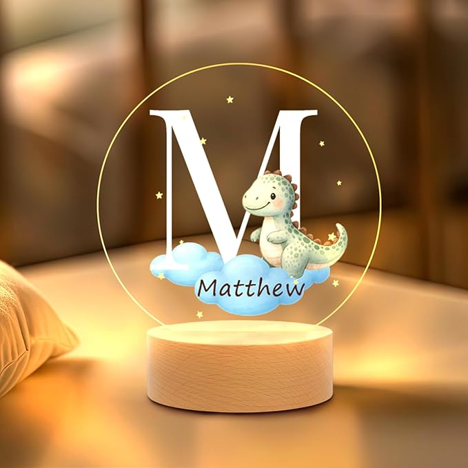 Custom Baby Gift Night Light for Baby Boys Girls Nursery Decor, Personalized Initial Name LED Night Light with Wooden Base, LED Color-Changing Lamp for Toddlers Kids 2