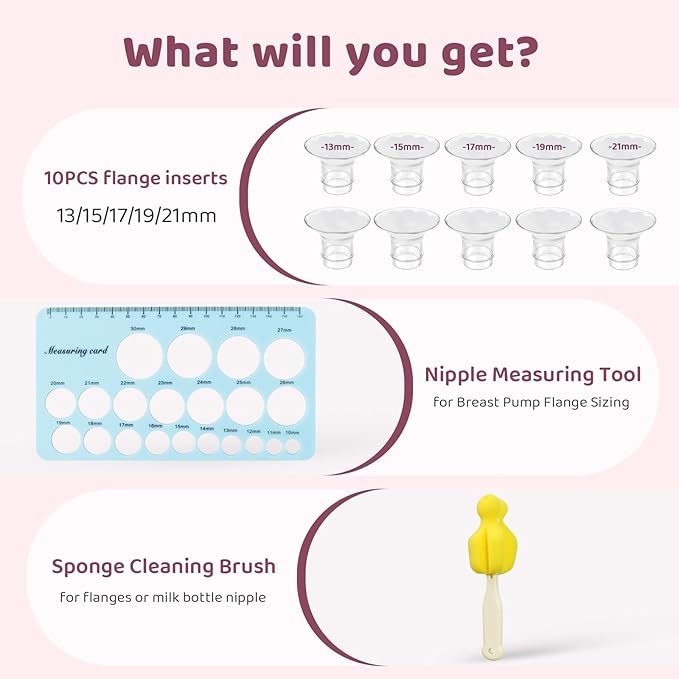 Flange Sizing Kit 3 in 1 with 10PCS Flange Inserts 13/15/17/19/21mm, Silicone Flanges Insert Kit for 24mm Flange/Shield, Pumping Essentials Kit for Moms