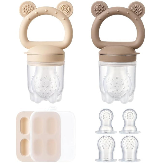 2 Pack Silicone Baby Fruit Feeder with Mini Freezer Tray, Breastmilk Popsicle Molds for Baby Teething Relief, Teethers, Fresh Food Feeder for Safe Infant Self Feeding, Extra Food Pouches - Chocolate