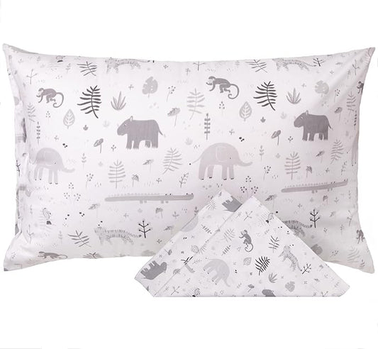 WeeSprout Toddler Polyester Organic Cotton Shell and Pillowcases, Small Kids Pillow, Soft and Supportive Polyfiber Filling, Machine Washable, 18 x 13 x 3 (Safari Print + Safari Print, 3 Piece Set)