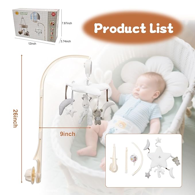 Baby Crib Mobile for Boys or Girls, Mobile Arm&Rotary Music Box Featuring Rabbits Bears Hanging Toys Decor for Montessori Nordic Infant Bedroom Perfect 0 1 2 3 Baby Shower Birthday Christmas Gift
