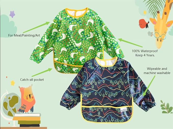 2 Pack Baby Bibs for Boy,Baby Bibs for Eating,Mess Proof Baby Bib,Full Sleeve Bib,Waterproof Bib for Toddlers