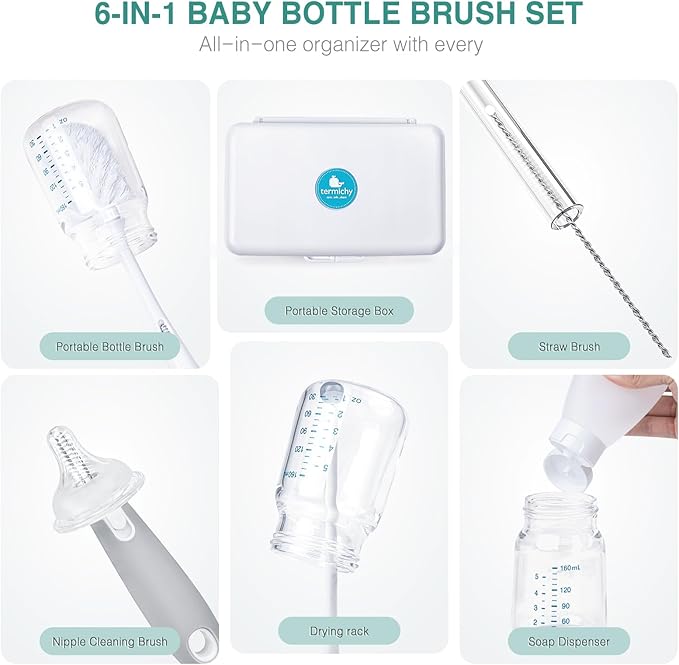 Termichy Travel Bottle Cleaning Kit: Portable Drying Rack & Brush Set for Working Moms - Compact Baby Essentials for Hotel & Camping